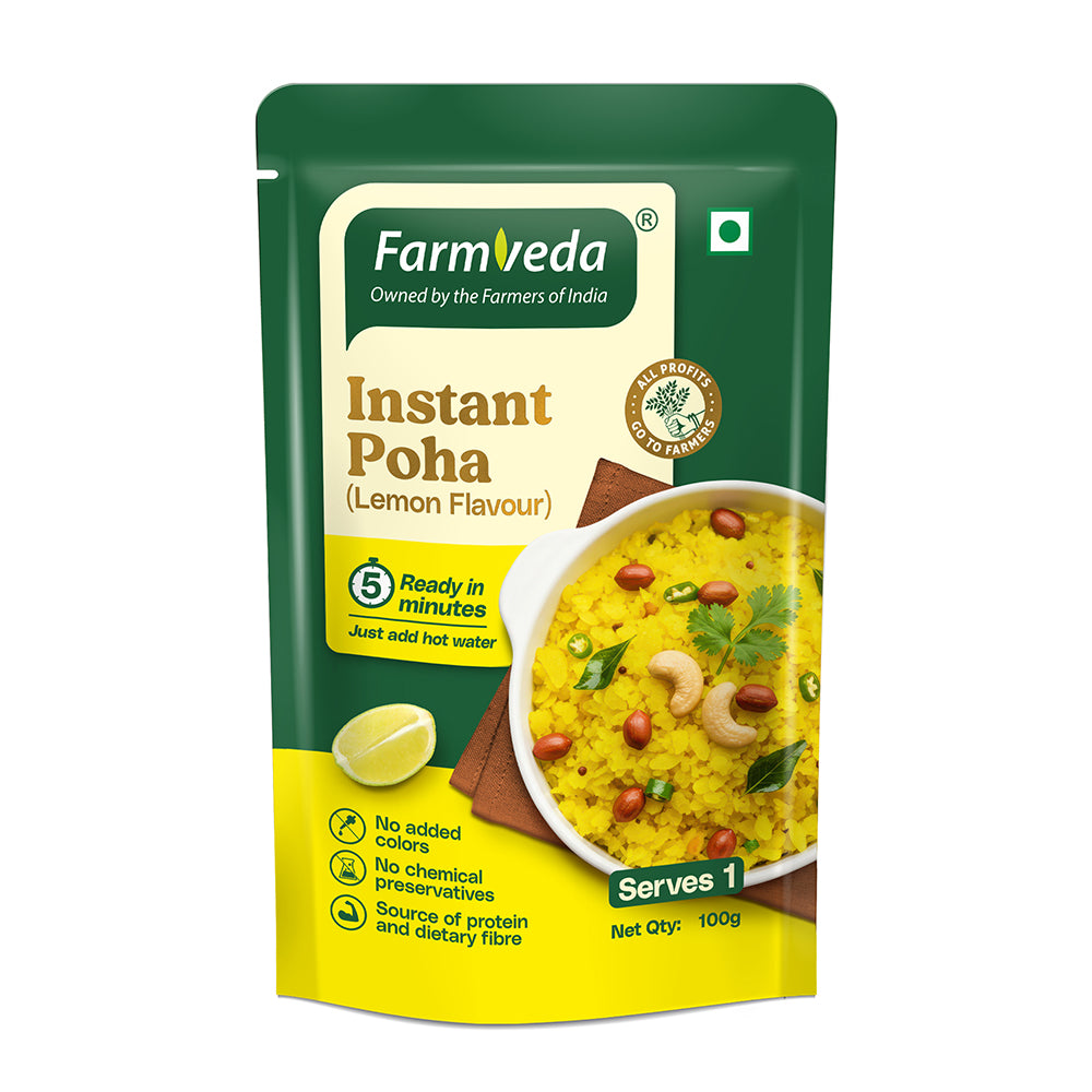 FarmVeda Instant Poha lemon flavour package on a white background