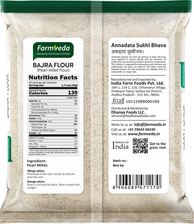 Farmveda Bajra Flour – Stone-Ground Pearl Millet Atta | Gluten-Free & High Fiber | 100% Natural