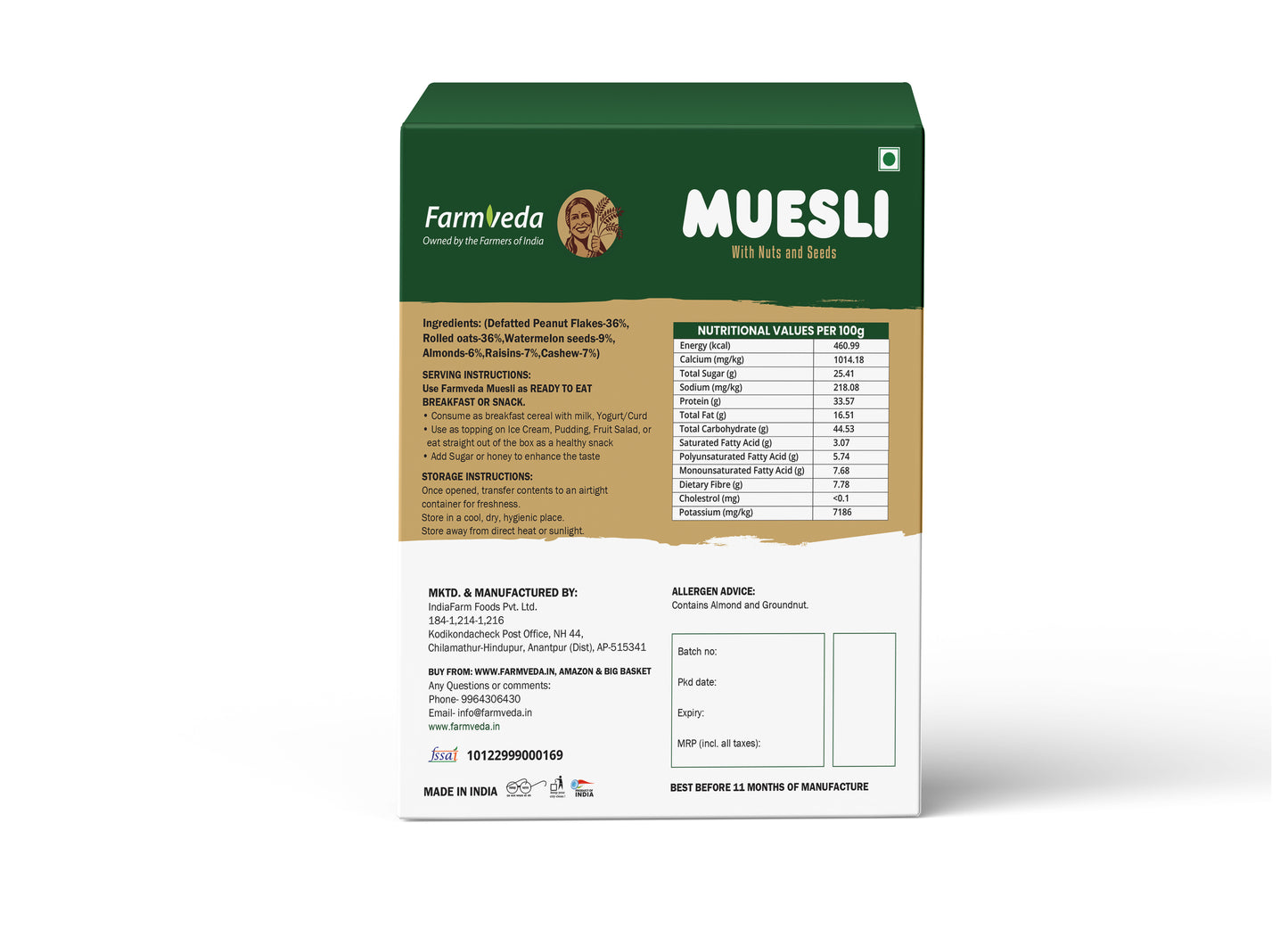 Farmveda Muesli With Nuts and Seeds 100% Natural Ingredients 40% Of Daily Protein Needs
