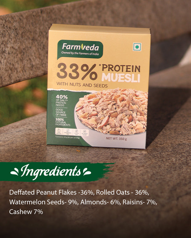 Farmveda Muesli | With Nuts and Seeds | 100% Natural Ingredients| 40% Of Daily Protein Needs