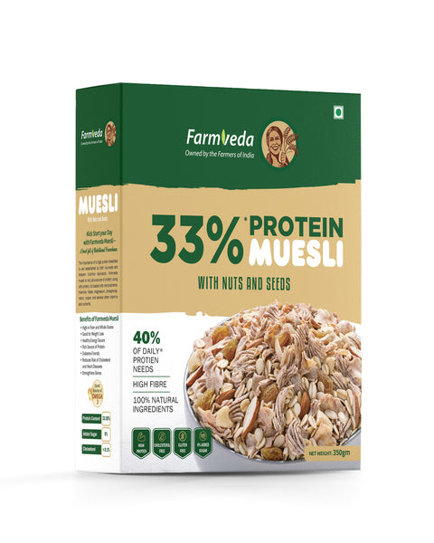 Farmveda Muesli | With Nuts and Seeds | 100% Natural Ingredients| 40% Of Daily Protein Needs| 350gm Pack